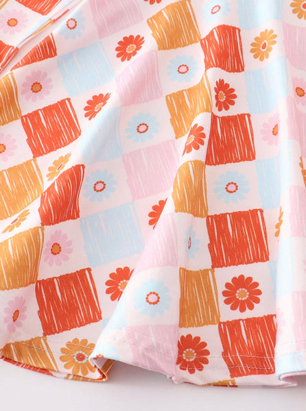 Multicolored Floral Plaid Print Twirl Dress