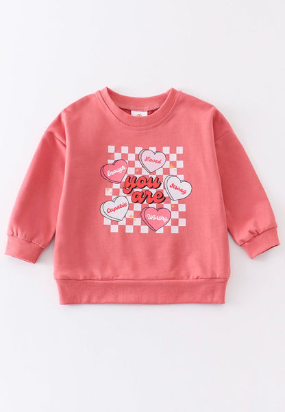 Girls Coral Retro Heart Sweater