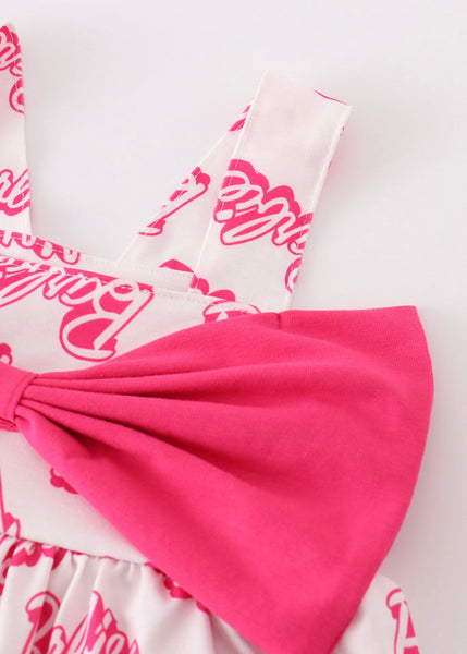 Girls Pink Barbie Print Bow Dress