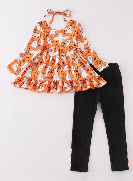 Orange Ghost Print Girl Outfit Set