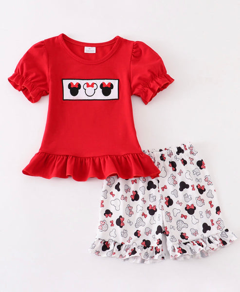 Girls Mouse Embroidered Shorts Outfit Set