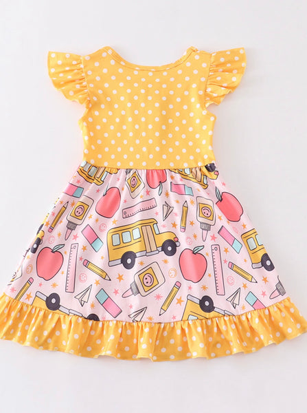 Yellow School & Polkadots Ruffles Twirl Dress