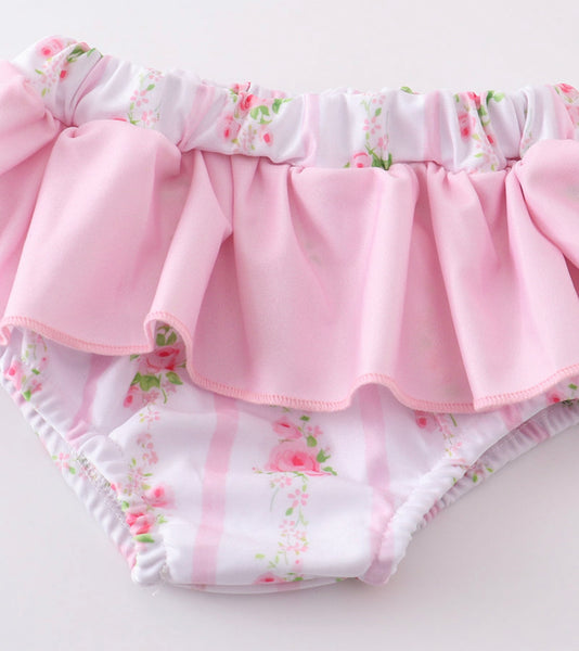 Girls 2pc Pink Floral Print & Ruffles Swimsuit