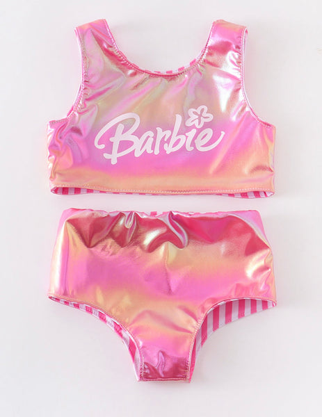Girls Pink Stripes Barbie Reversible Swim Suit