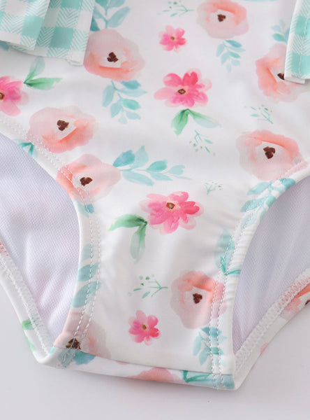 Mint Floral Ruffle Bows Swimsuit