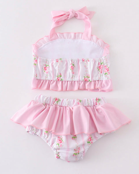 Girls 2pc Pink Floral Print & Ruffles Swimsuit