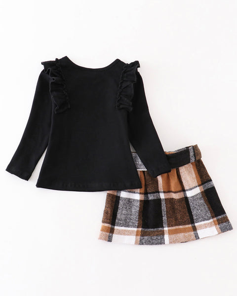 Girls Fashionista Black Ruffle Plaid Skirt Set