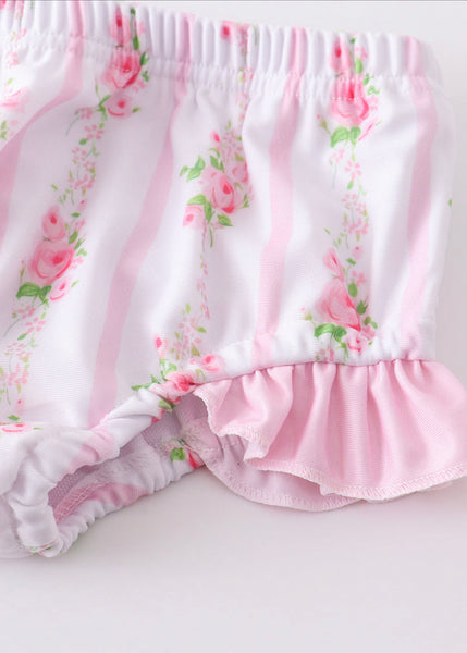 Girls Pink Floral Print Ruffle Swimsuit!