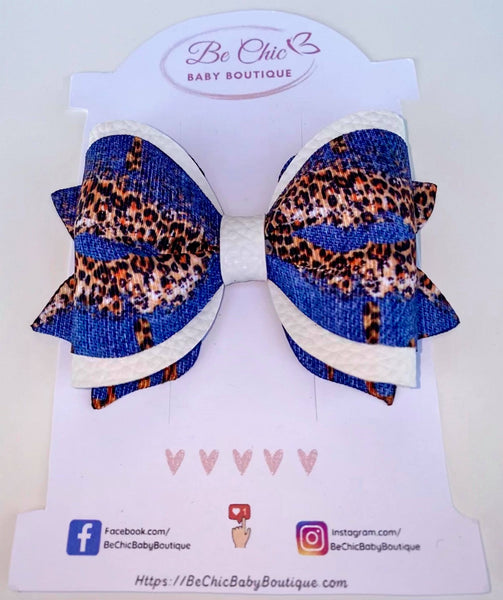 Denim & Leopard Kisses Faux Leather Hair Bow!BeChicBabyBoutique