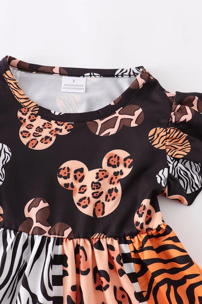 Leopard Mouse Ruffle Sleeves Twirl Dress