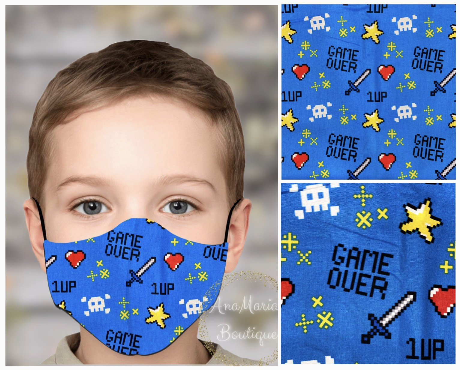Kids Face Mask With Filter & Pocket In "GAME OVER" Video Game PatternBeChicBabyBoutique
