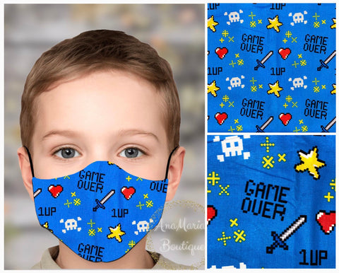 Kids Face Mask With Filter & Pocket In "GAME OVER" Video Game PatternBeChicBabyBoutique