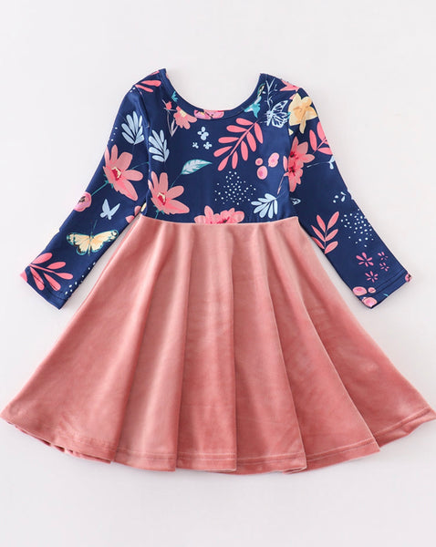 Peach & Navy Floral Velvet Twirl Dress