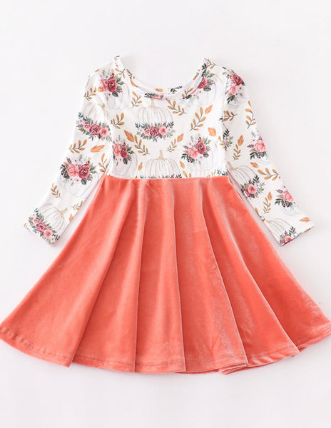 Pumpkin Floral Velvet Twirl Dress