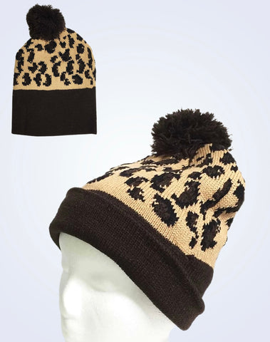 Mocha Leopard Print Knit Pom Pom Beanie Hat