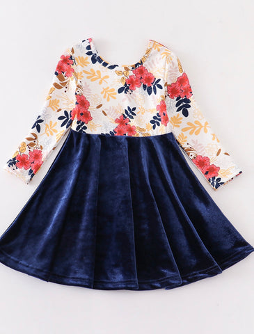 Navy Blue Floral Velvet Twirl Dress