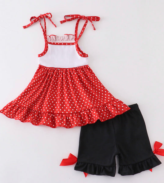 Girls Red Embroidered Shorts Set