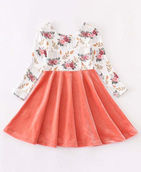 Pumpkin Floral Velvet Twirl Dress