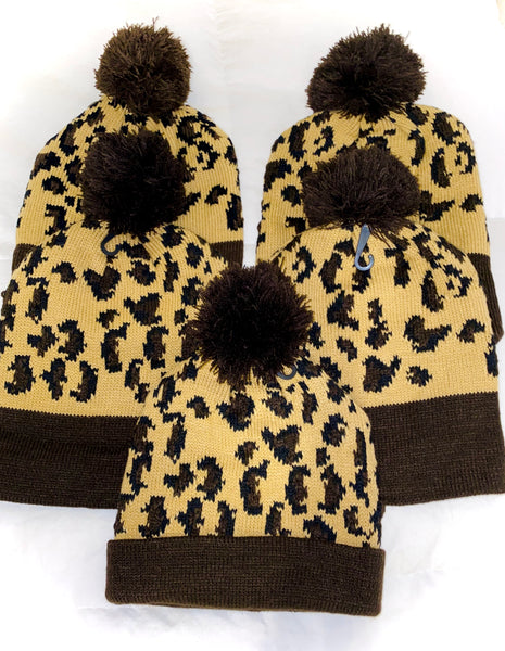 Mocha Leopard Print Knit Pom Pom Beanie Hat