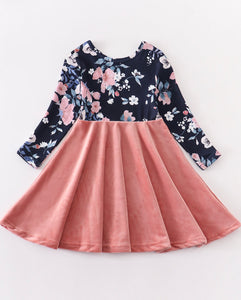 Peach & Black Floral Velvet Twirl Dress